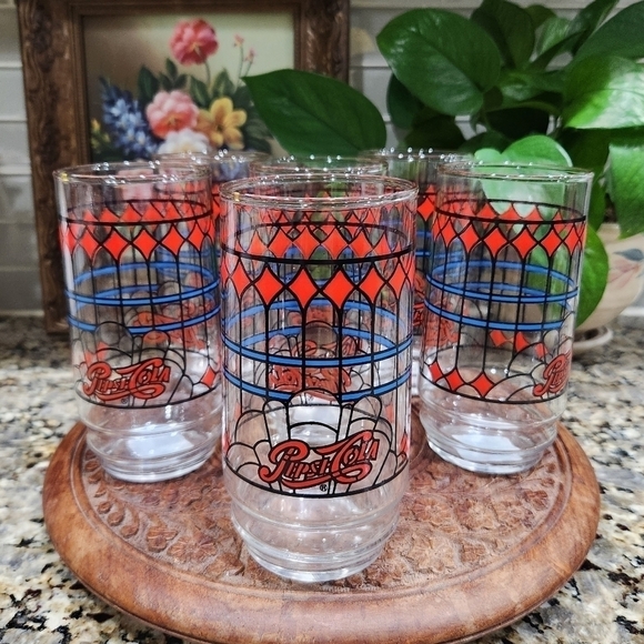 ✨️SET OF 6✨️ 1970s Vintage Pepsi Cola "Stained Glass" 16oz Tumblers - Picture 3 of 7